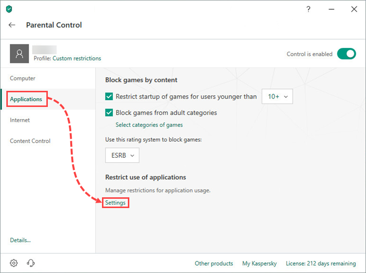 Opening application restriction settings in Kaspersky Internet Security 19 