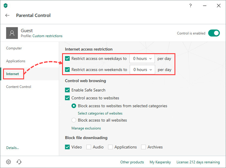 Setting time limits for Internet access in Kaspersky Internet Security 19 Parental Control 