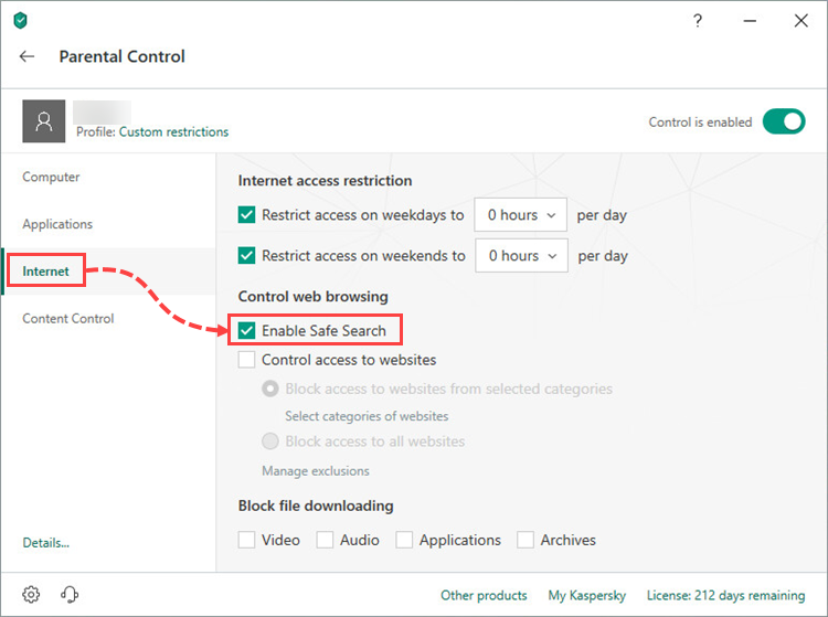 Enabling Safe Search in the Parental Control component of Kaspersky Internet Security 19 