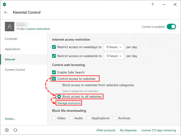 Blocking all websites except those in the exclusions list in Kaspersky Internet Security 19