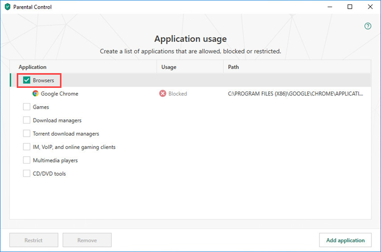 Selecting categories of applications to restrict in Kaspersky Total Security 19