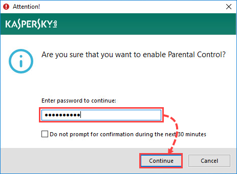 Entering the Parental Control password in Kaspersky Total Security 19