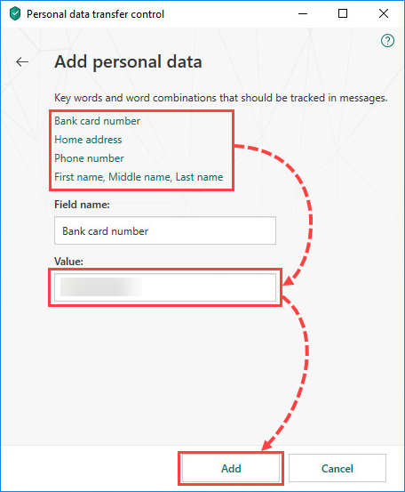 Adding personal data to block the transfer of in Kaspersky Total Security 19