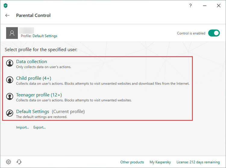 Selecting a Parental Control protection level in Kaspersky Total Security 19