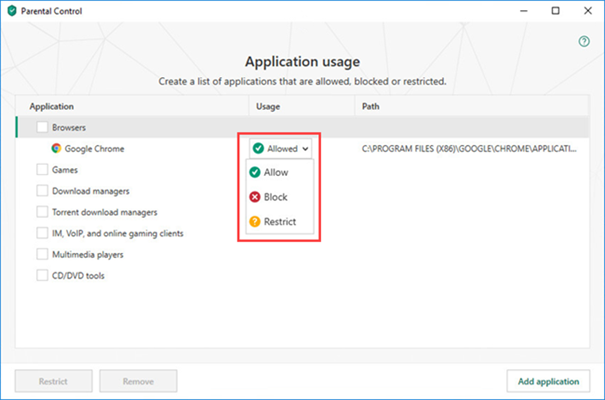 Opening application restriction settings in Kaspersky Total Security 19