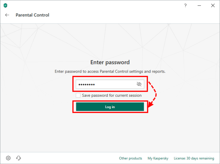 Entering the Parental Control password again in Kaspersky Total Security 19