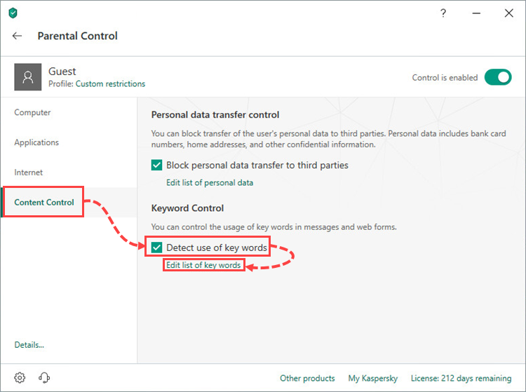 Enabling the detection of key words in the Parental Control component of Kaspersky Total Security 19 