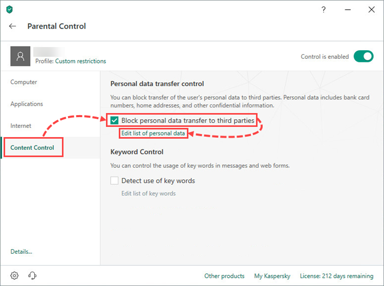 Blocking the transfer of personal data to third parties in Kaspersky Total Security 19 