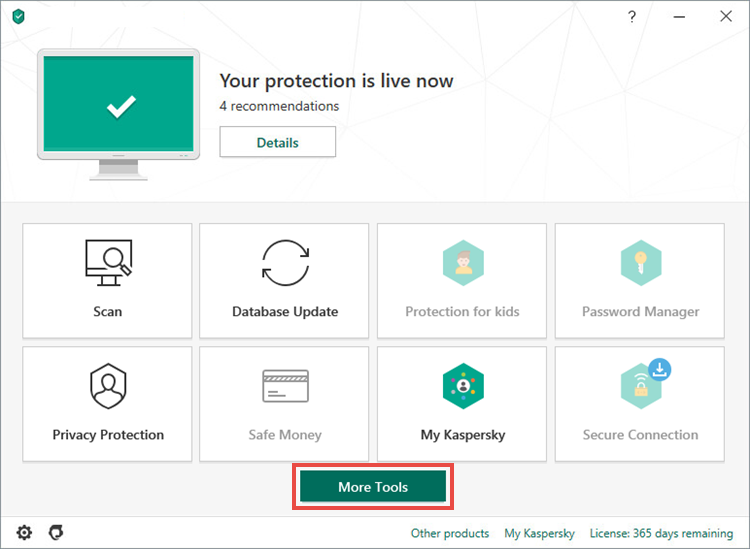 Opening the Tools window in Kaspersky Total Security 20