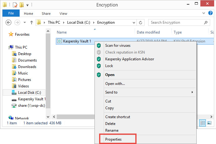 Opening the properties of the data vault