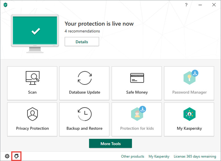 Opening the Support window in Kaspersky Total Security 20