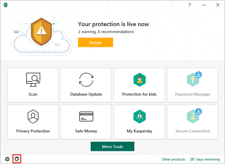 Opening the Support window of Kaspersky Security Cloud 20