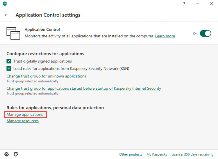 Opening the Manage applications window in Kaspersky Internet Security 20