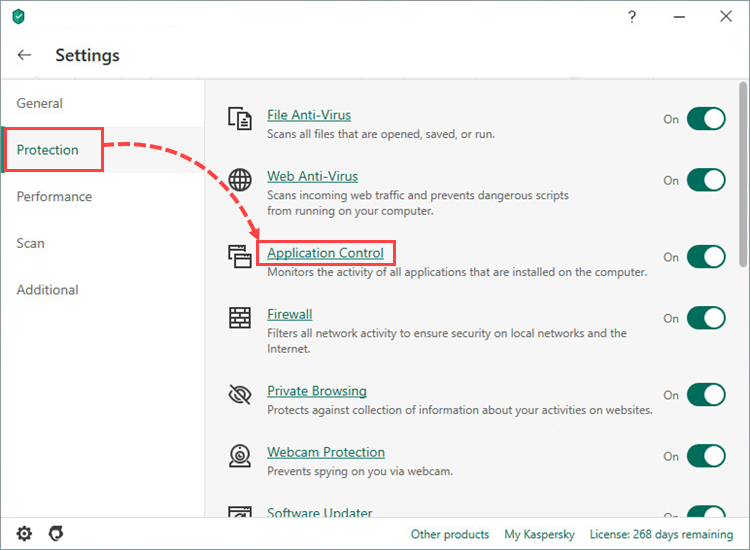 Opening the Application Control window in Kaspersky Total Security 20