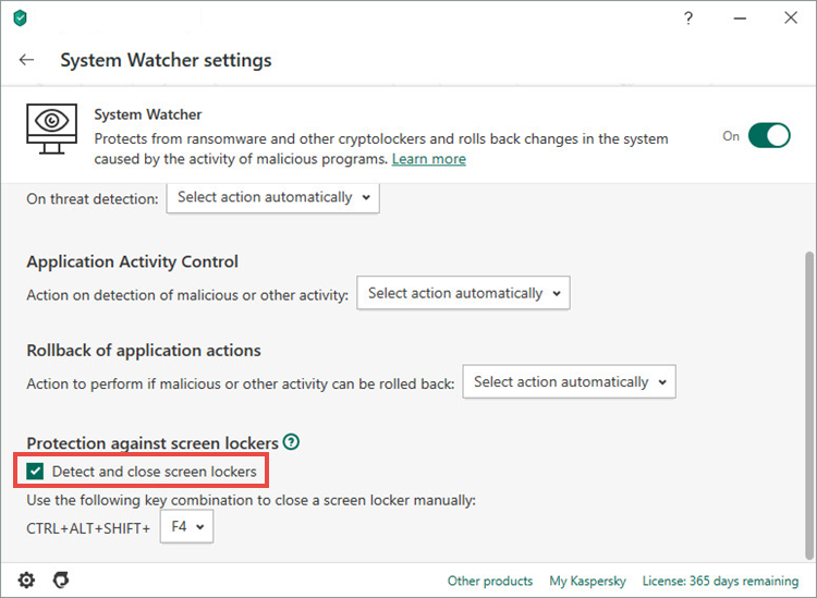 Turning on protection against screen lockers in Kaspersky Internet Security 20