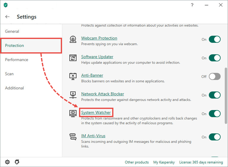 Opening the System Watcher settings window of Kaspersky Security Cloud 20
