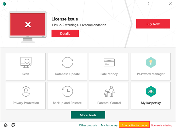Opening the activation window in Kaspersky Total Security 20