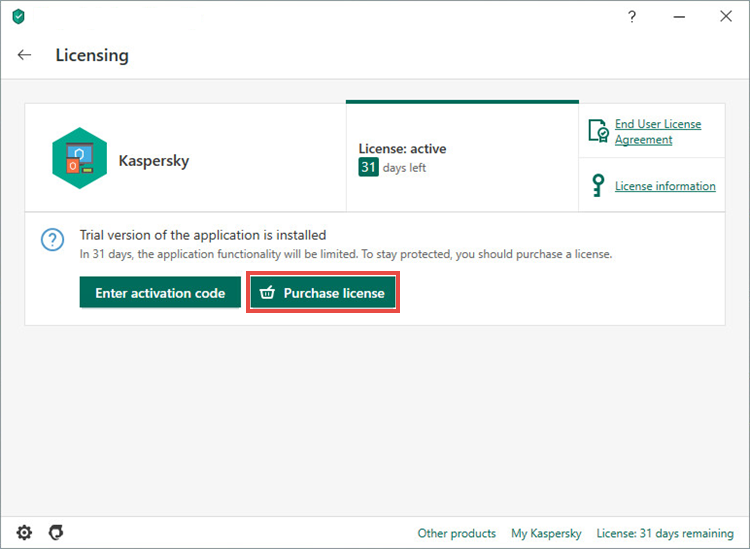 Opening the license purchasing page for Kaspersky Total Security 20