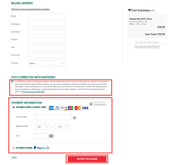 Entering data to purchase the license for Kaspersky Total Security 20