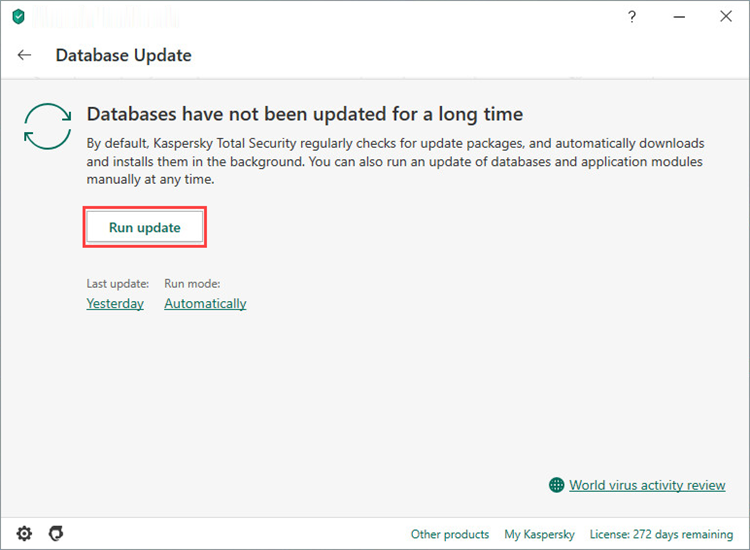 Updating the Kaspersky Total Security 20 databases from the toolbar