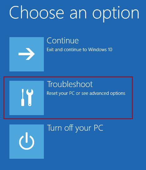 Opening troubleshooting options in Windows 10