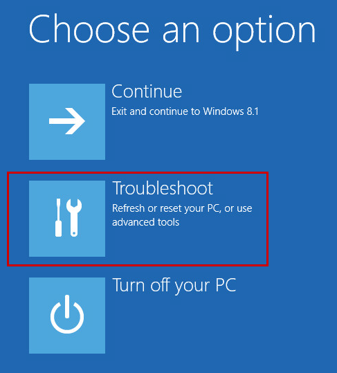 Opening the ‘Troubleshoot’ section in Windows 8, 8.1.