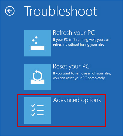 Opening the advanced startup options in Windows 8, 8.1.