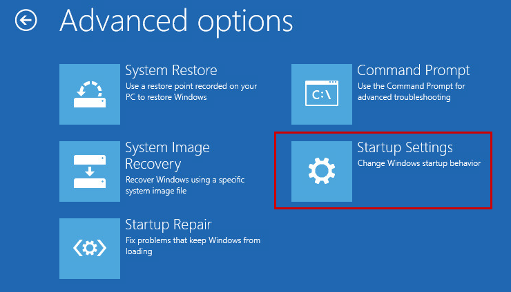 Opening the Windows startup settings