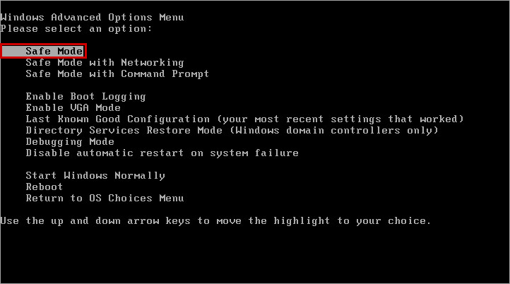 Starting up Safe Mode from the Windows advanced options menu