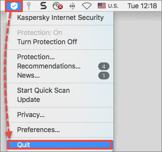 Quitting Kaspersky Internet Security 20 for Mac