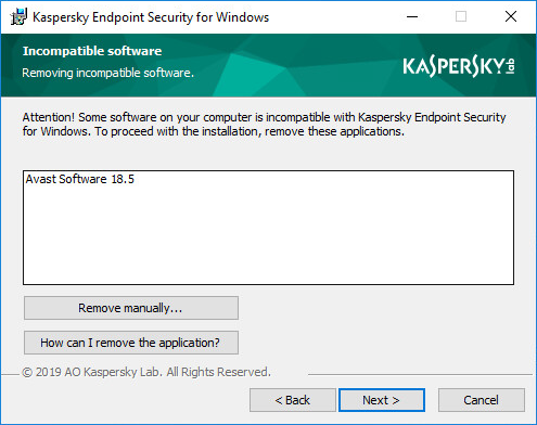 Window with information about applications incompatible with Kaspersky Endpoint Security 11.x for Windows