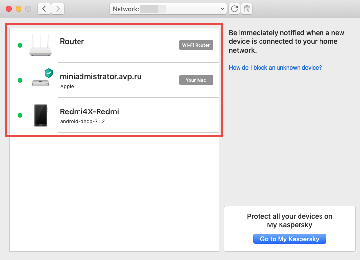Viewing the devices connected to your wireless network in Kaspersky Security Cloud 20 for Mac