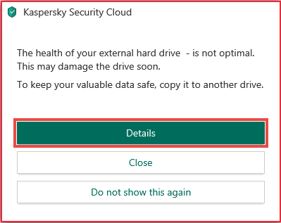 Viewing information about hard drive damage in Kaspersky Security Cloud 20