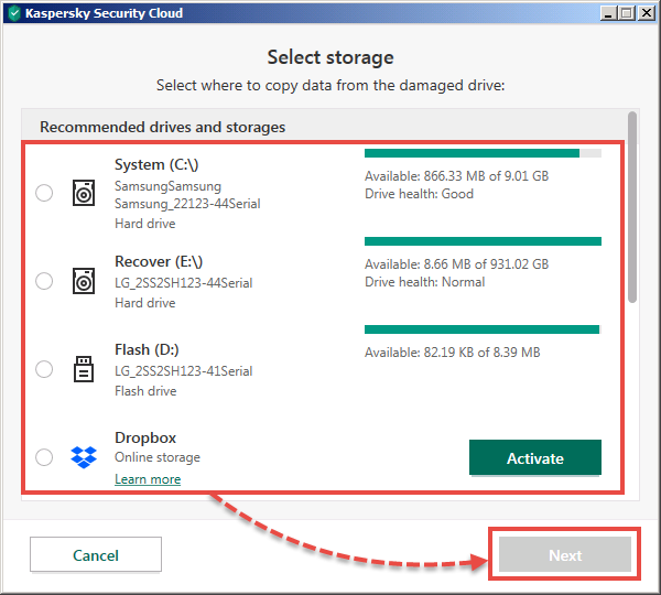 Selecting a folder to copy to a good drive with Kaspersky Security Cloud 20