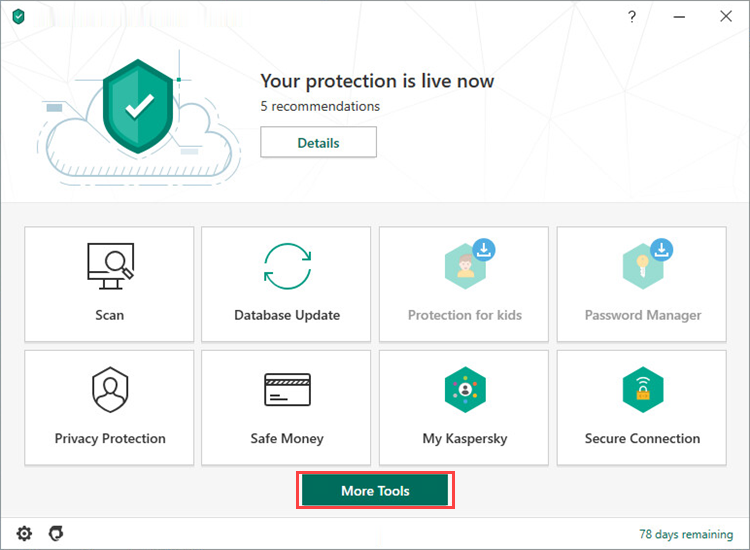 Opening the Tools window in Kaspersky Security Cloud 20