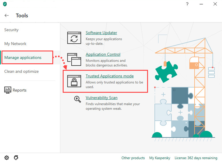 Opening the Trusted Applications mode settings window of Kaspersky Internet Security 20