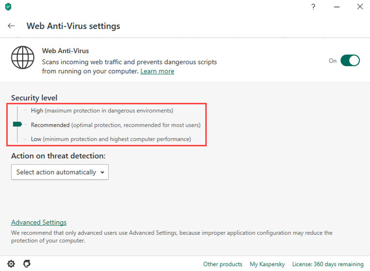 Selecting the protection level in Kaspersky Anti-Virus 20