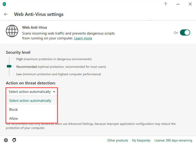 Selecting an action on threat detection in Kaspersky Anti-Virus 20