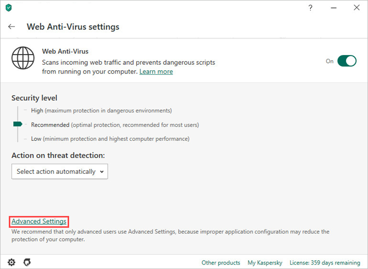 Opening the advanced Web Anti-Virus settings window in Kaspersky Security Cloud 20