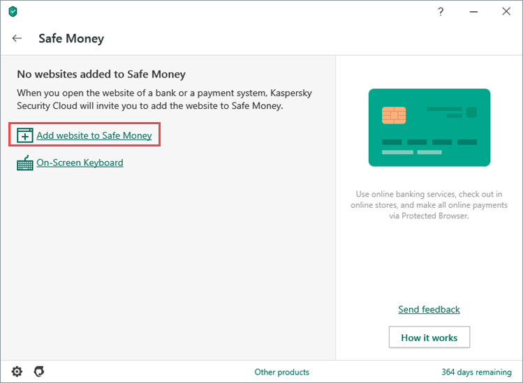 Adding a website to the Safe Money list in Kaspersky Security Cloud 20