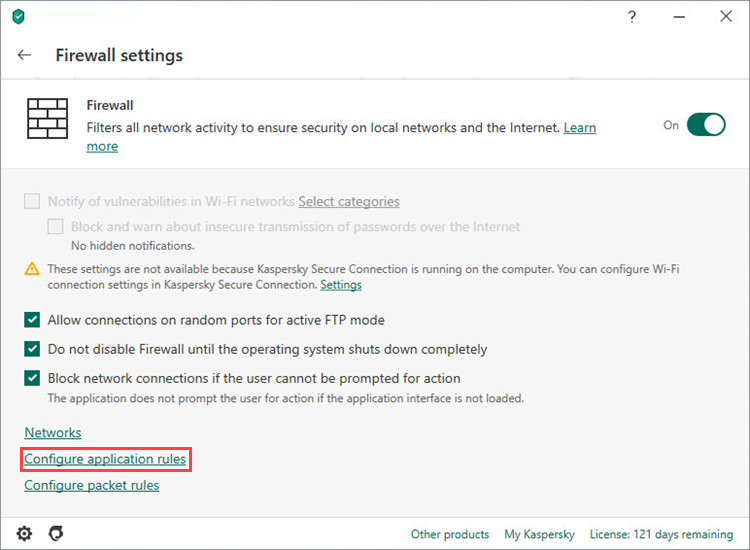 Opening application rules in Kaspersky Total Security 20