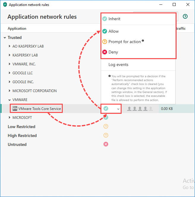 Configuring application rules window in Kaspersky Total Security 20