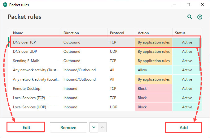 Changing or adding a packet rule in Kaspersky Security Cloud 20