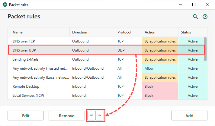 Changing a rule position in Kaspersky Security Cloud 20