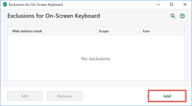Opening the exclusions window for the On-Screen Keyboard quick launch icon in Kaspersky Total Security 20