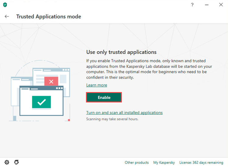 Enabling the Trusted Applications mode in Kaspersky Total Security 20
