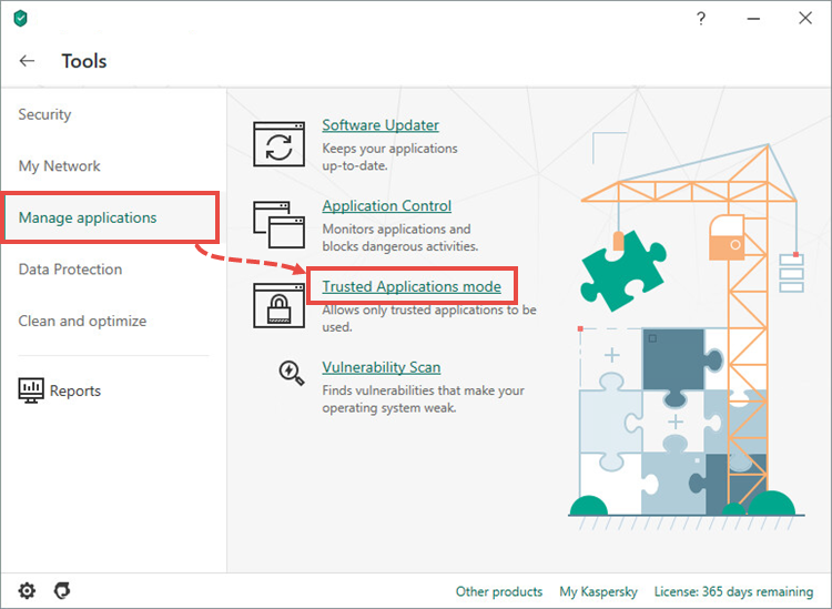 Opening the Trusted Applications mode settings window of Kaspersky Total Security 20