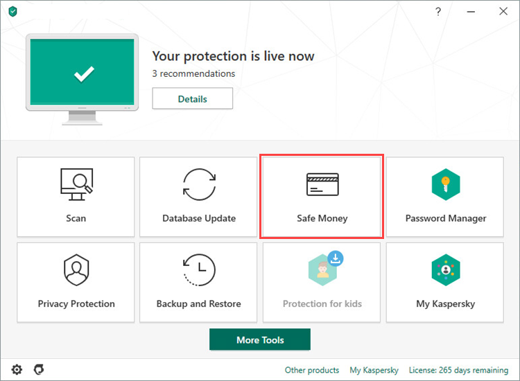 Opening the Safe Money window of Kaspersky Total Security 20