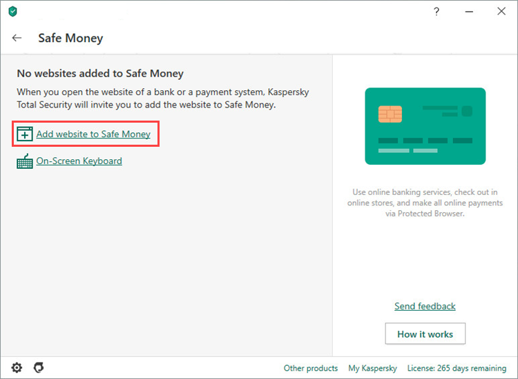 Adding a website to the Safe Money list in Kaspersky Total Security 20