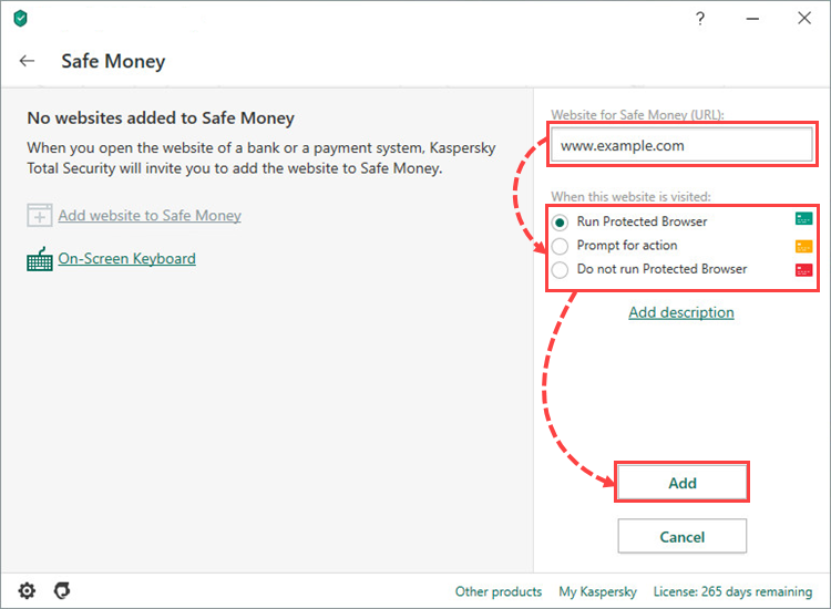 Opening the Safe Money settings window of Kaspersky Total Security 20